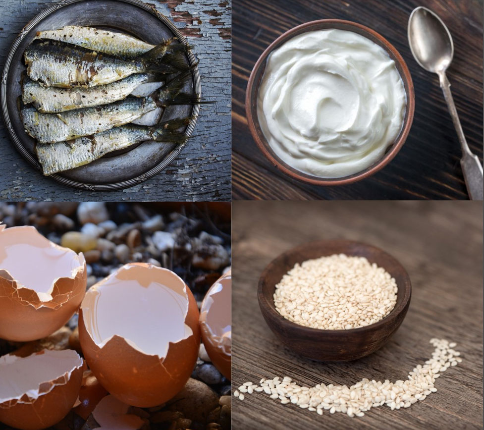 Image with four quadrants showing fish, yogurt, eggshells, seeds
